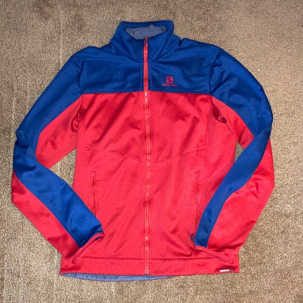 Salomon mens large zip up mid weight jacket red/blue
